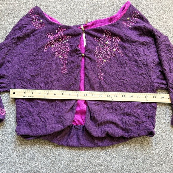 Free People Cardigan Crinkly Purple Pink Wool Silk Beaded Fairy Shrug | Sz L - Picture 13 of 16